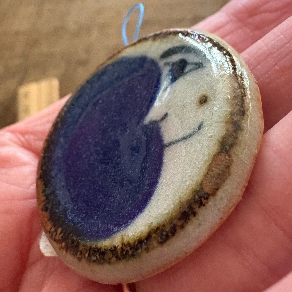 LGGS Stoneware Man in the Moon Ceramic‎ Ornament Medal Blue Celestial 1.25